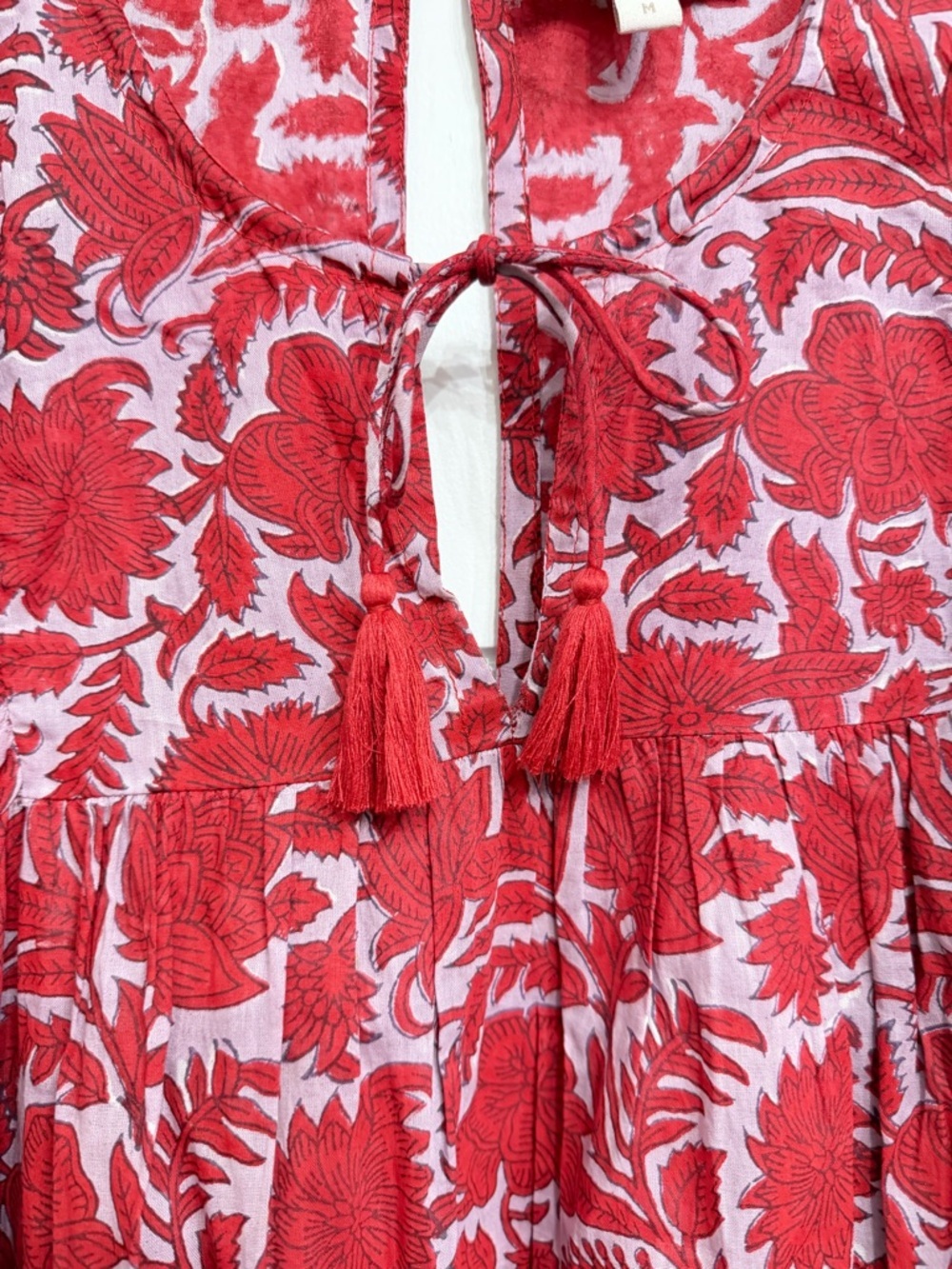 Cleobella Red Floral Organic Cotton Dress Boho Tassel Tie Peasant 36369 - Picture 6 of 11
